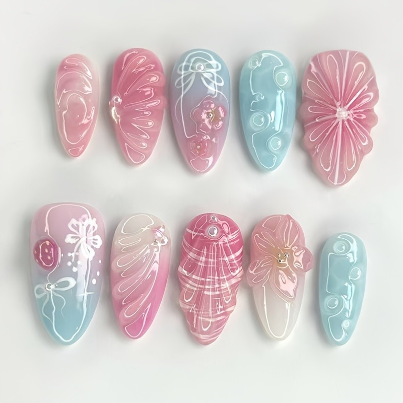 48Pcs-Pink Blue Ombre 3D Flower Almond Press on Nails Rhinestone Fake Tips