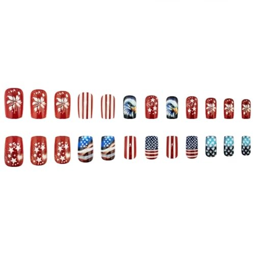 4th of July Press on Nails Medium Square Fake Nails with 4th of July Nails