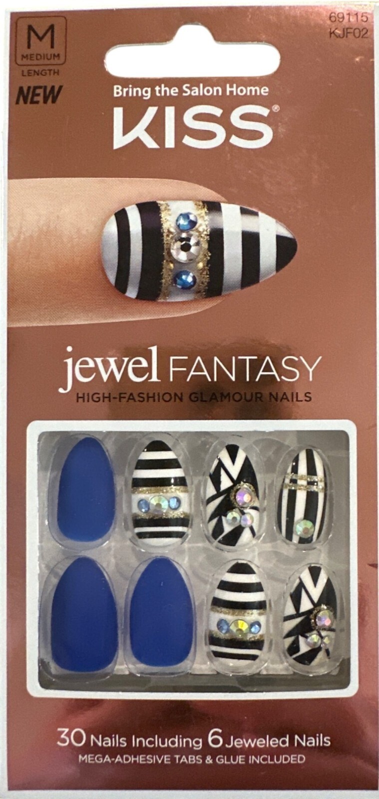 Kiss JEWEL FANTASY 30 Nails 6 Jeweled Medium Almond Matte+Glossy Stripes+Jewels