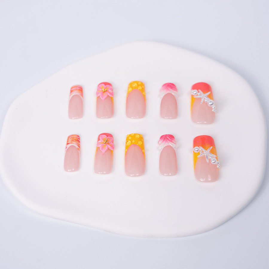 Handmade Orange Pink Gradient Press on Nails Starfish Pearl Glossy Fake Nails