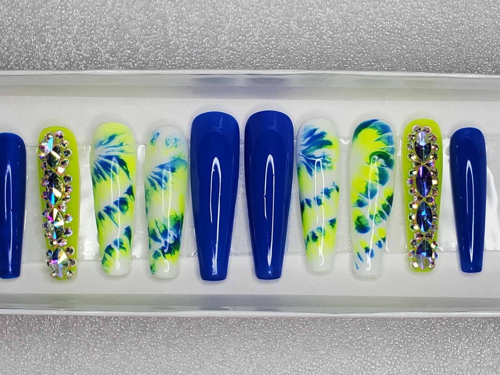 Extra long neon yellow & blue tie dye bling press on nails barbie xl coffin