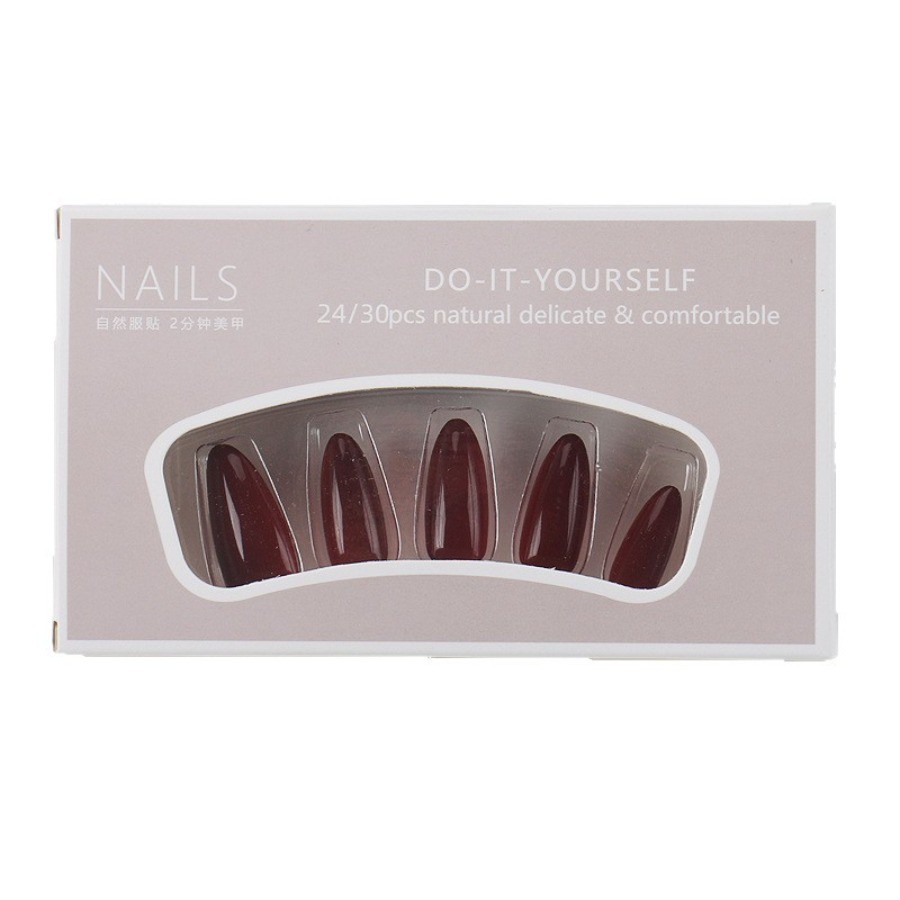 60pcs-Deep Red Press on Nails, Solid Color Glossy Almond Fake Nails for Women