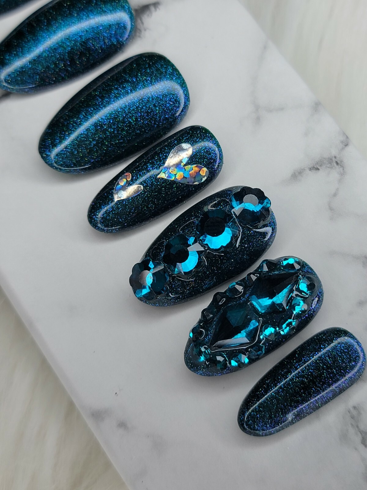 Dark green teal nails bling medium natural oval press on nails apres tips hearts