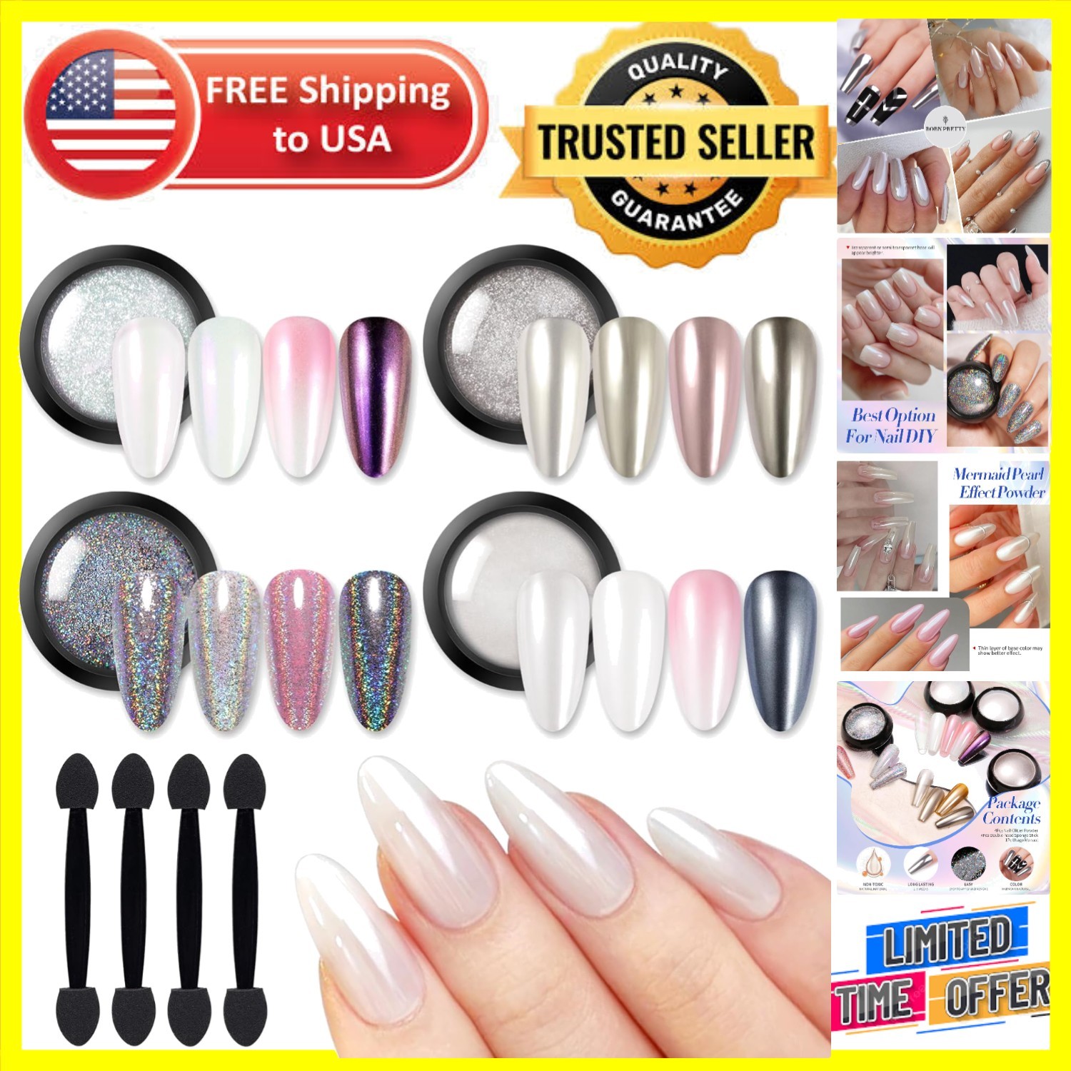 4 Count Chrome Nail Powder Set – Holographic Pearl Pigment for Stunning Nail Art