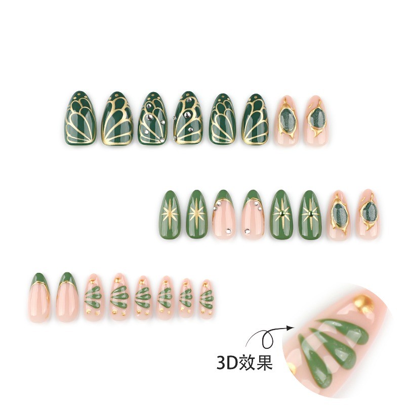 48pcs-Vintage Fake Nails with Green Nude Base, Gold Foil and Gemstone Accents