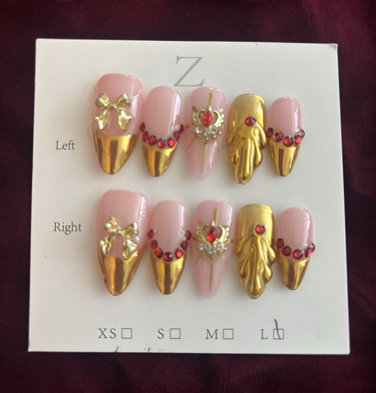 Press-On Nails Set Pink/Gold/Red 3D Bow Pre-Designed Long Almond Full Cover