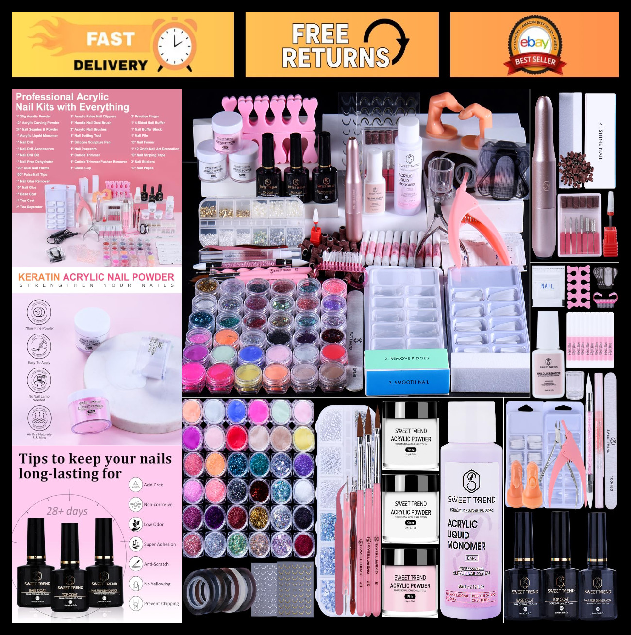 Acrylic Nail Kit for Beginners – Complete Set with Drill, Glitter Powder, Tips &