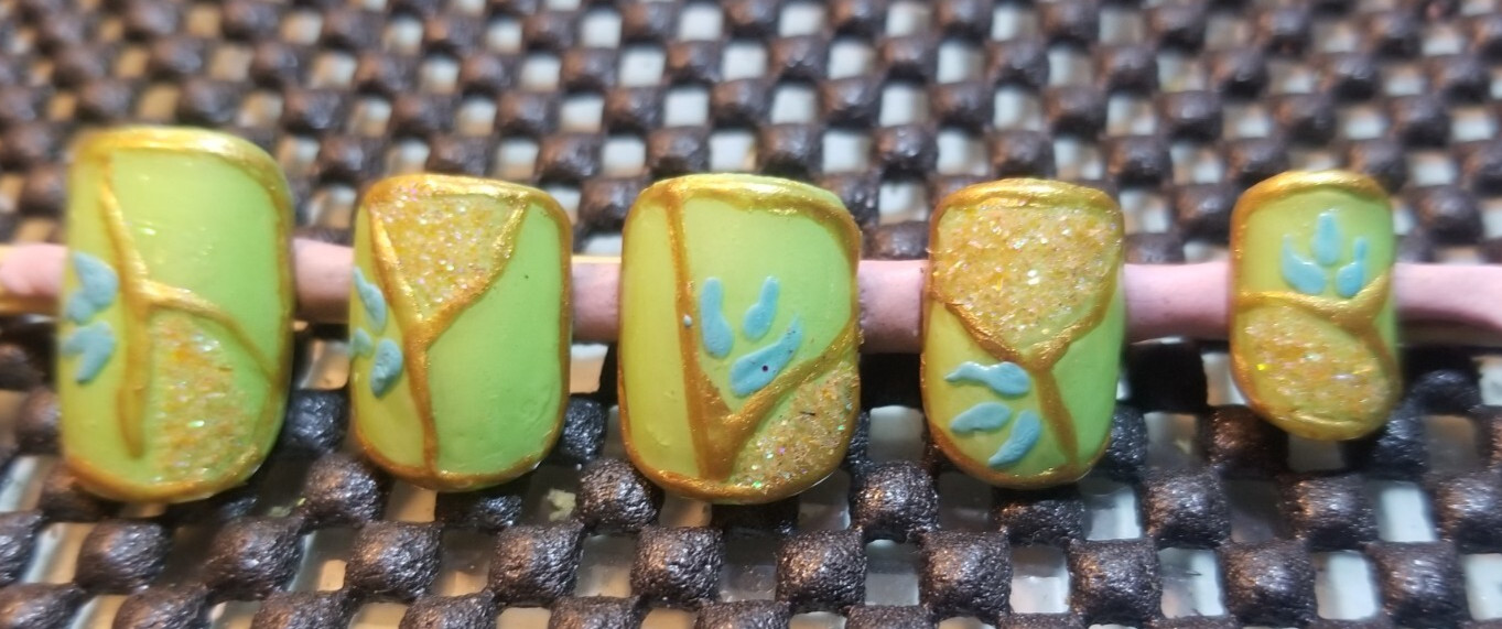 Kawaii Press On Nails|Neon Green Gold Orange Glitter | Short Square Gel 10PC