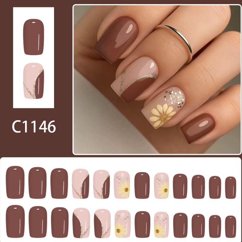 Press On Nail Coffee Color Botanicals Art Office To Evening Wears