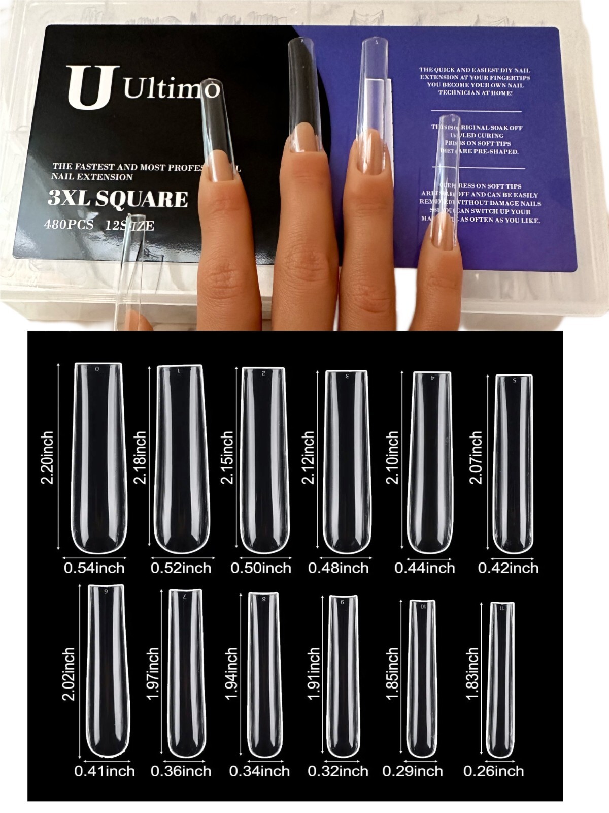 Press on Tips 3X Long square Soft gel 480pc Ultimo