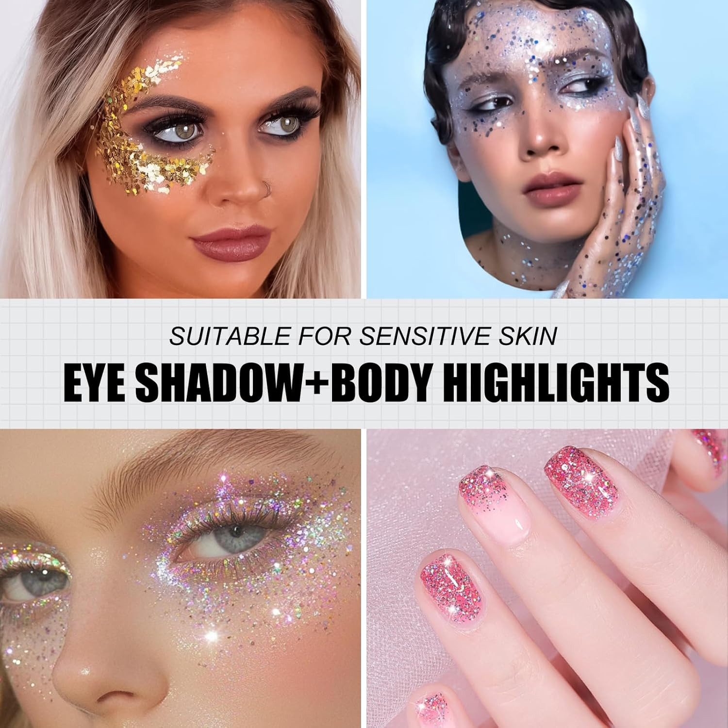 16 Colors Chunky Fine Mixed Holographic Glitter Gel Set for Face and Body Makeup