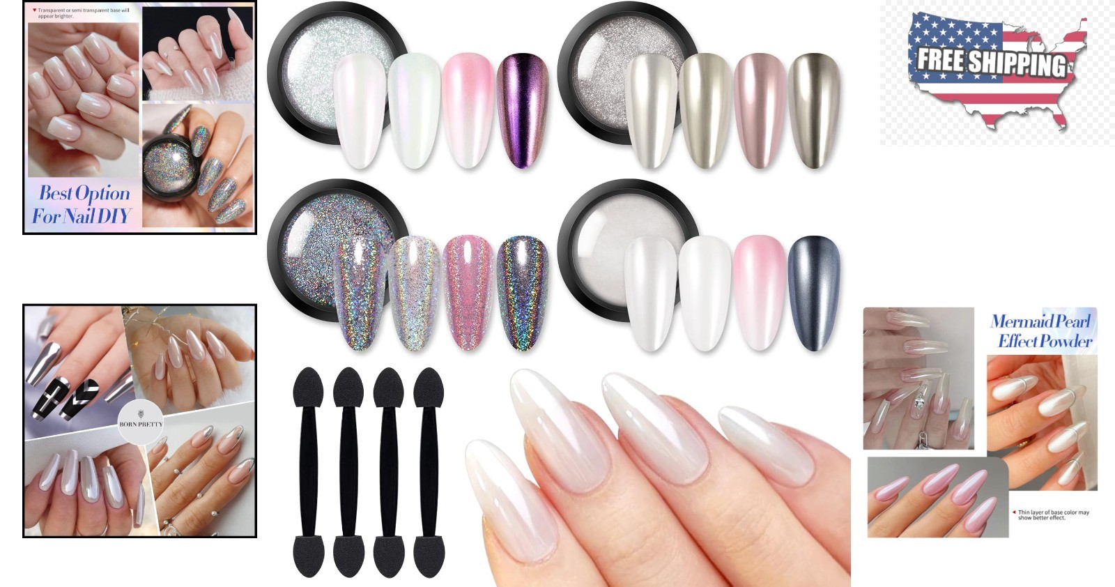 4 Count Chrome Nail Powder Set – Holographic Pearl Pigment for Stunning Nail Art