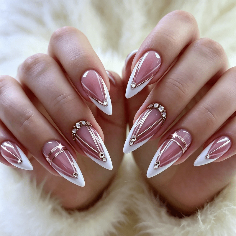 48Pcs White Gold Rhinestone Almond Press on Nails, Elegant Nude Daily Fake Nails