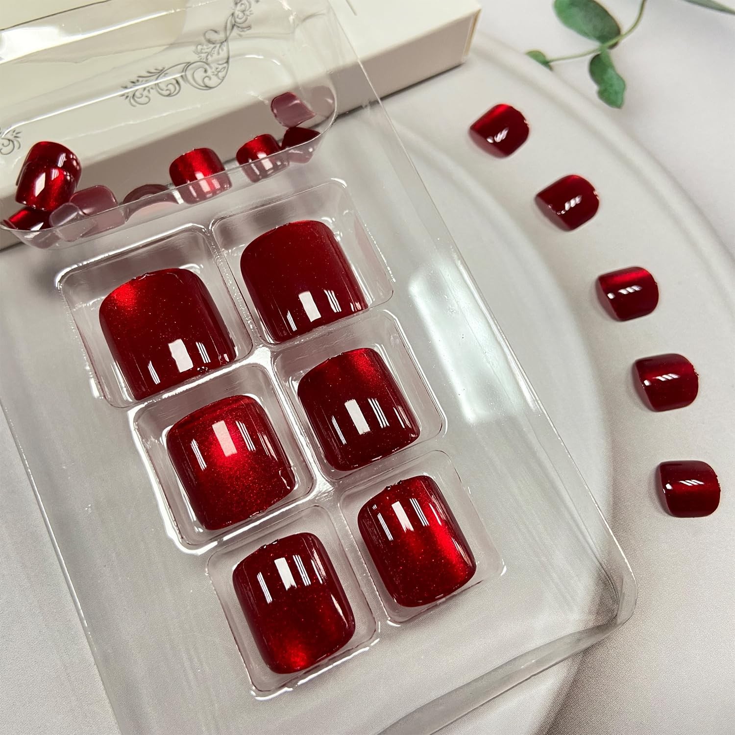 24Pcs Red Press on Toenails for Women,Square Fake Toenails with Glossy Design