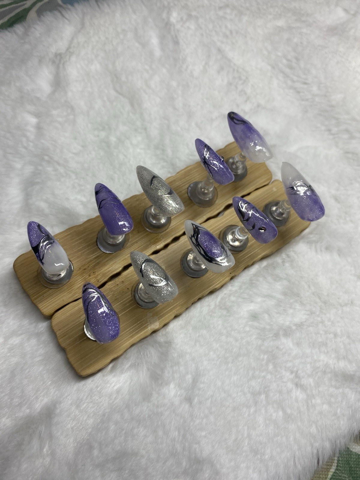 Handmade Long Almond Press-On Nails Purple Silver White Glitter Abstract Set
