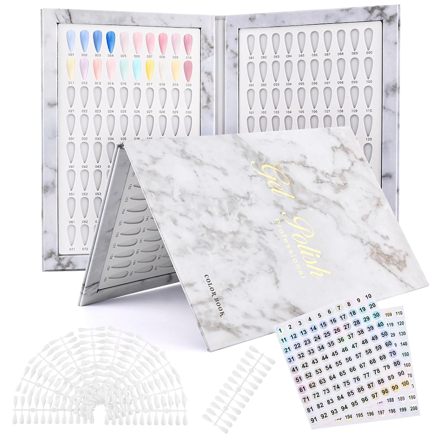 160 Nail Color Display Book with 240 Nail Tips and 1-200 Number Labels, Gel Poli