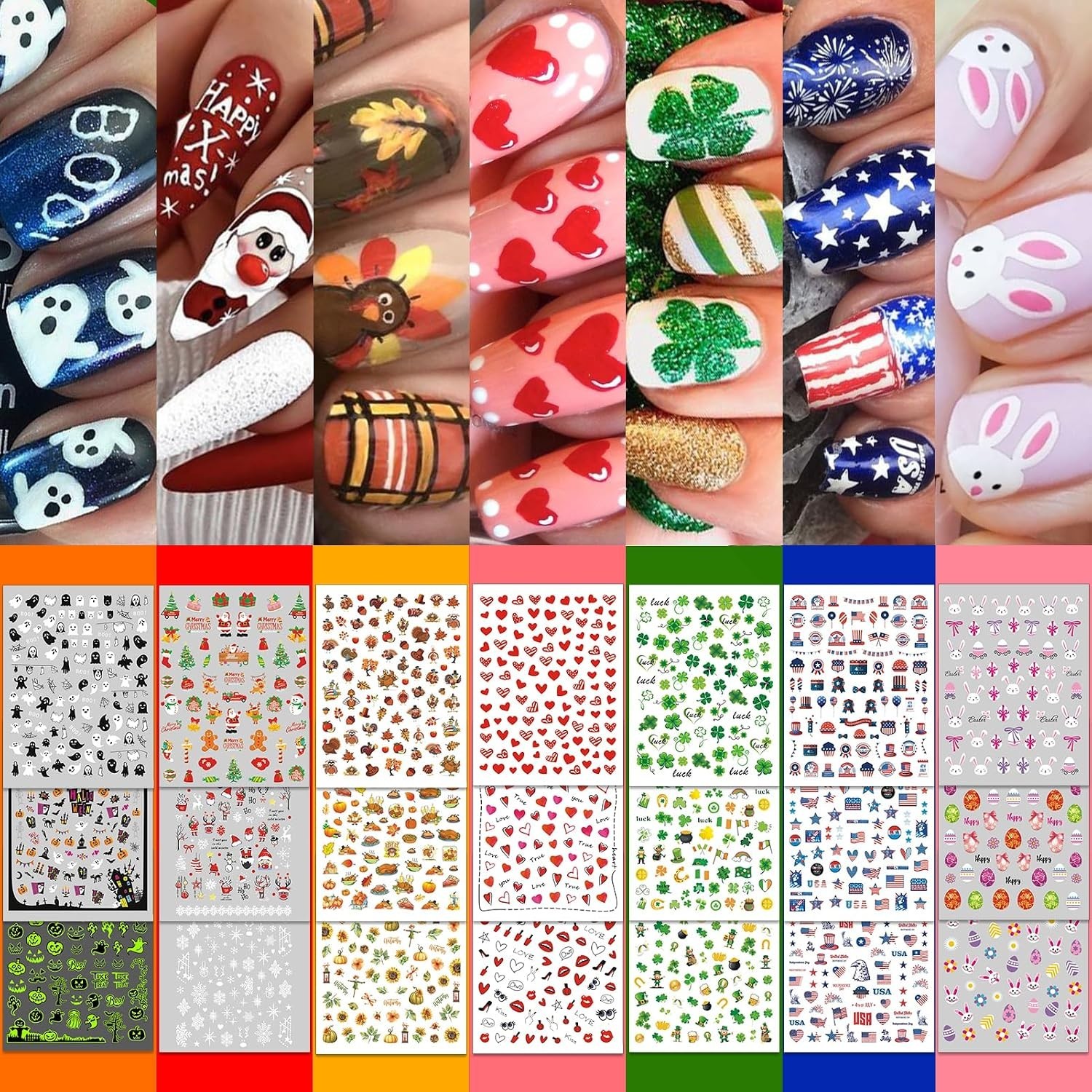 30 Sheets 7 Holiday Nail Art Stickers, Mixed Season Nail Decals Set for All ,…