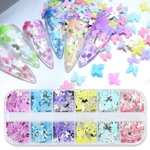 2 Boxes 12 Grids Flowers & Butterfly Nail Art Glitter Sequins Colorful Floral