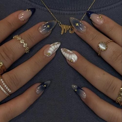 Short Almond Ombre Nails – Blue French Design C04 – Press on Nails