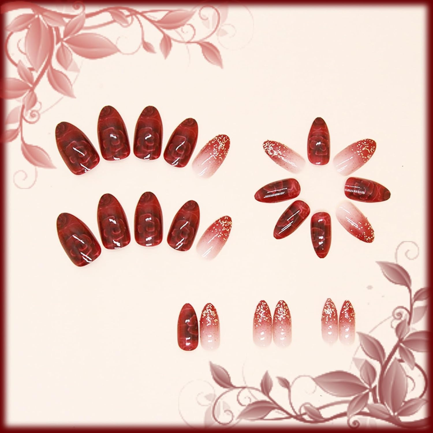 24Pcs Red Gradient Short Almond Press on Nails with Rose Flower Design, Glossy G