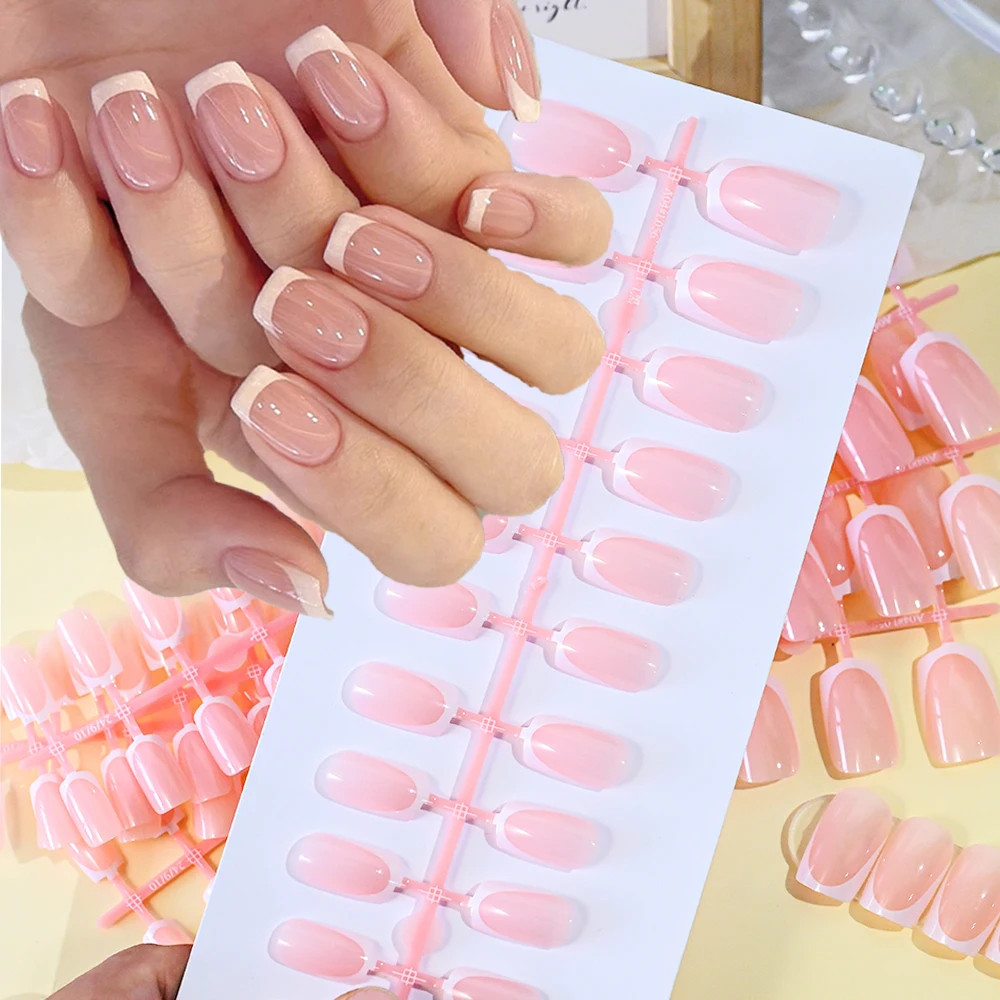 120Pcs Short Square Coffin French Fake Nails Glossy Pink Full Cover Press on