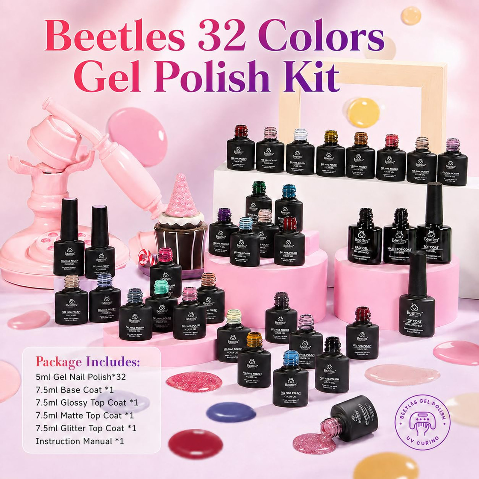 Beetles Gel Nail Polish Set Fingertip Palette Collection 32 Colors Base Top Coat