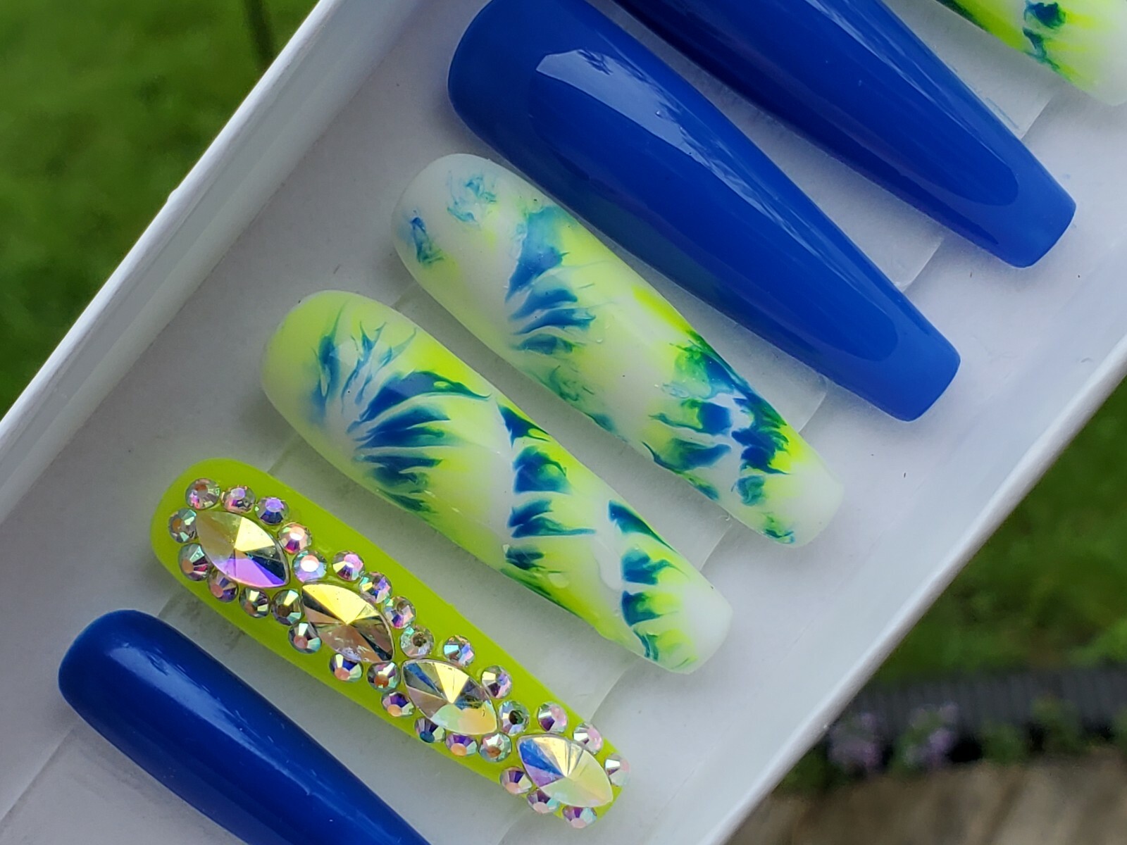 Extra long neon yellow & blue tie dye bling press on nails barbie xl coffin