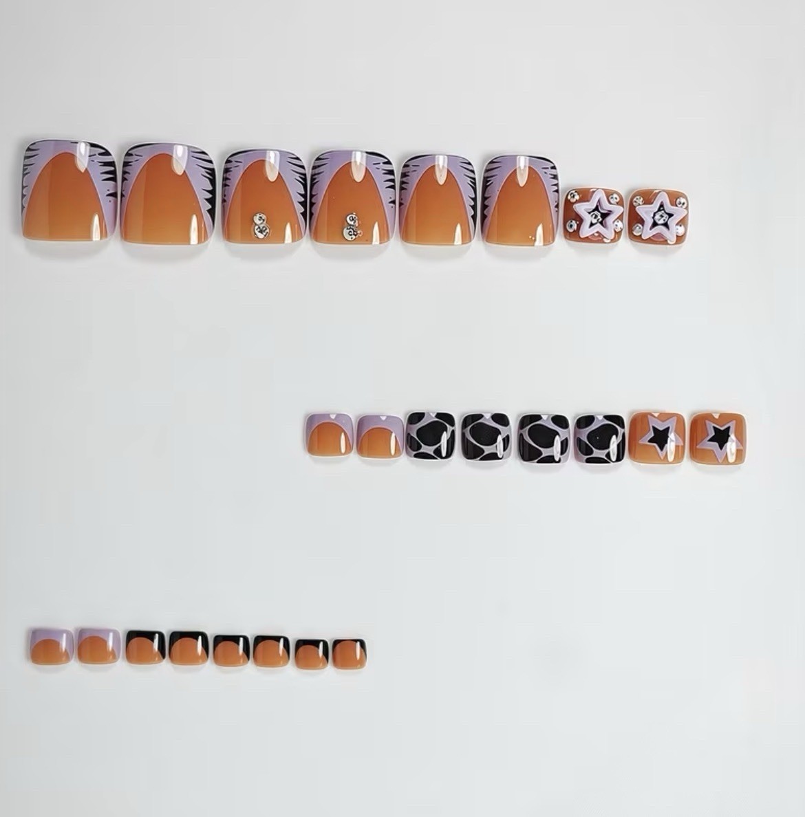 Pink Black purple White Star Square Short Press-On Nails 3D Full Cover Glue