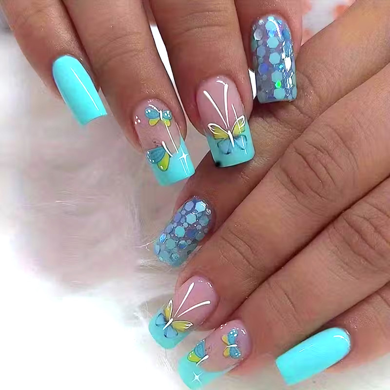 Blue-Green Butterfly Nail Art European Square Medium-Long False Nails Lake Green