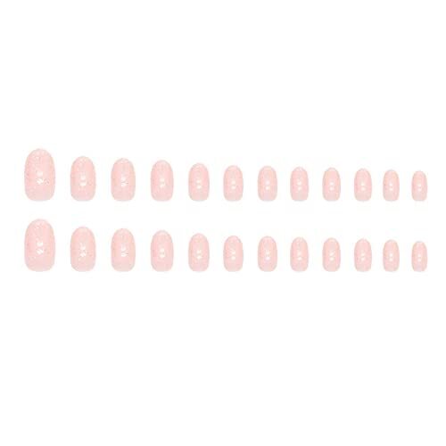 Short Round Press on Nails Oval Fake Nails Glossy Glue on Nails Pink O02Pink