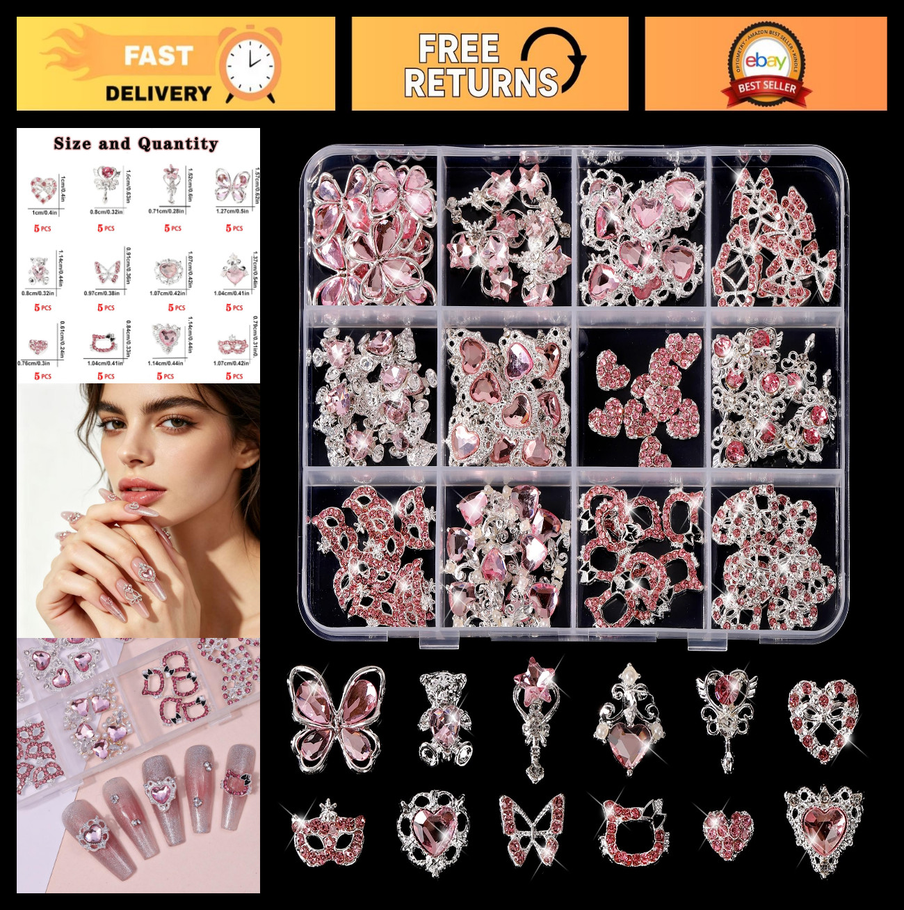 60 Pcs Heart Nail Charms & Pink Butterfly Rhinestones – DIY Nail Art Gems & Acce