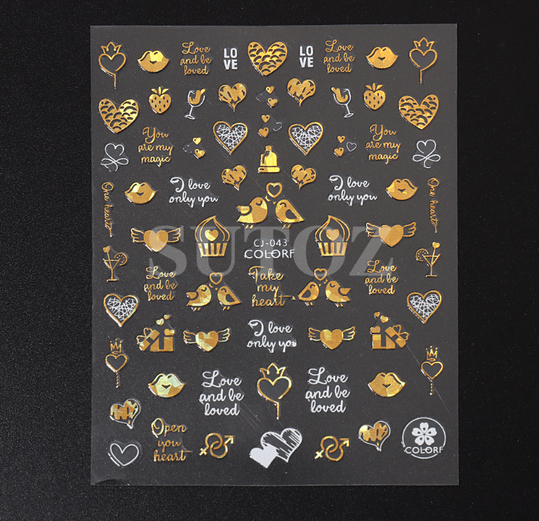 3D Nail Art Sticker Gold White Heart Rose Flower Kiss Lace Valentine Bridal NH11