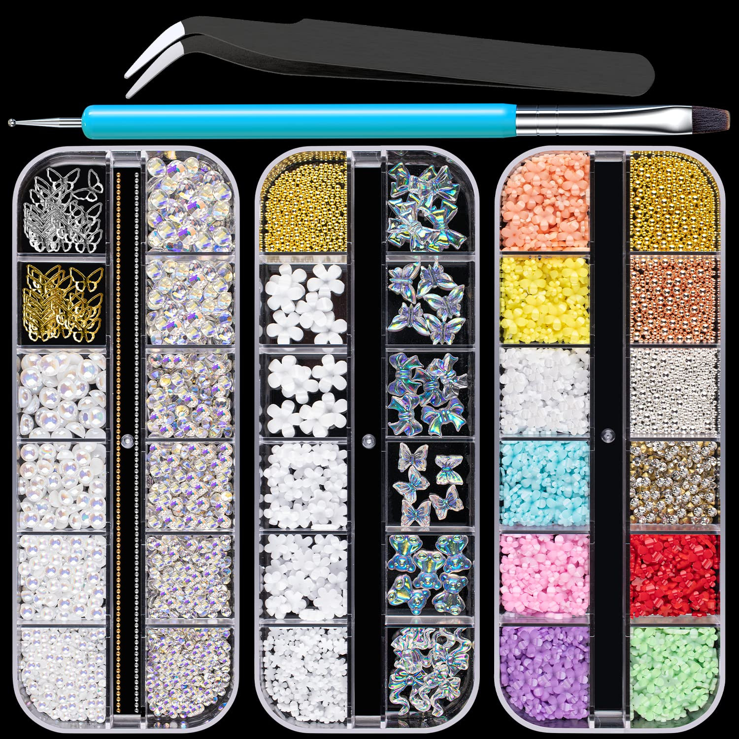 2 Boxes Metal Nail Beads (Silver+Gold) and 3D Flowers for Nail Art, Flatback Pea