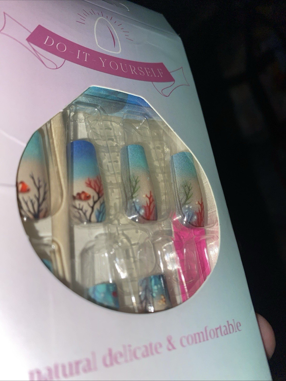 Blue Ocean Reef Glittery Nail Tips 24pcs Finished Boxed With Glue & Tabs Nails