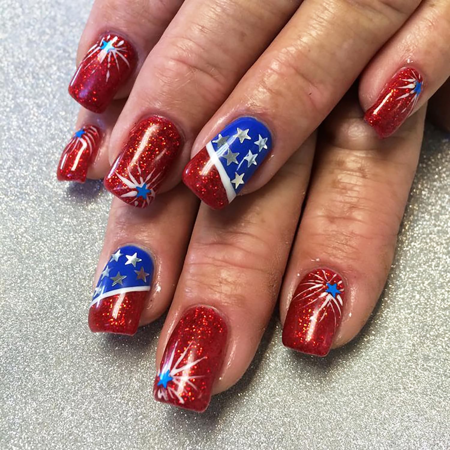 24pcs 4th of July Press on Nails Short Square Independence Day Fireworks Fake…