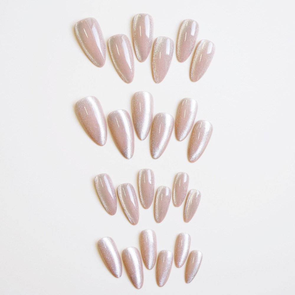 Pink Almond False Nail Glittering Cat Eye French Nail Tips Shimmer Fake Nail 24p