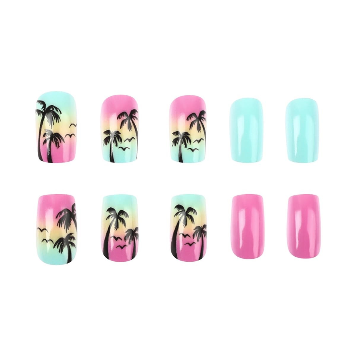 24Pcs Summer Press on Nails Short Palm Tree Square, Multicolor