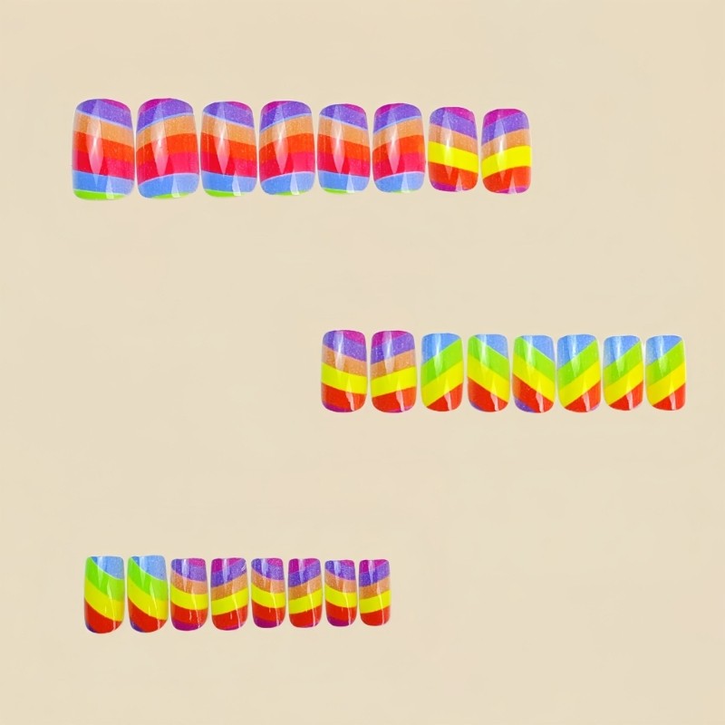 24 Pcs Rainbow Press On Nail Stripes False Nail Medium Square Acrylic Nail