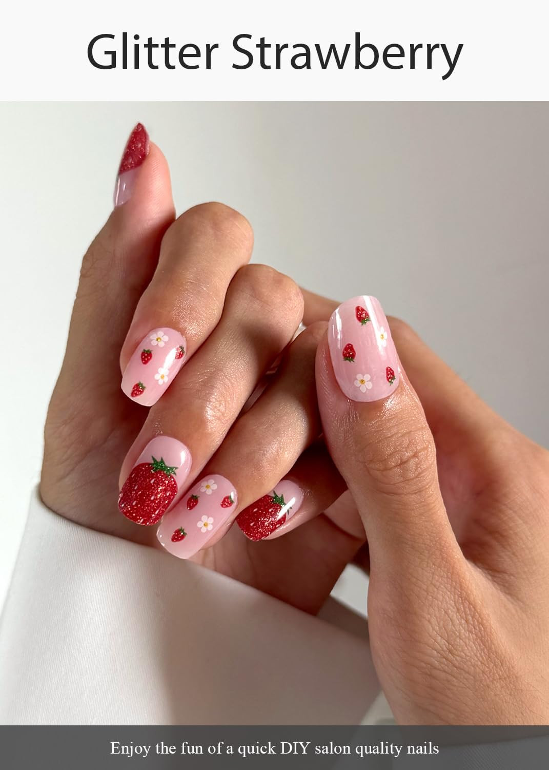 Semi Cured Gel Nail Strips (Glitter Strawberry), 20 Pcs Gel Nail Wraps, Stickers