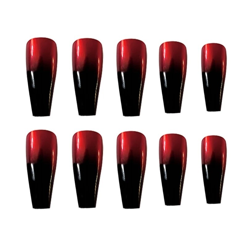 24 Red black ombre press on nails kit glue goth edgy vamp metallic shiny