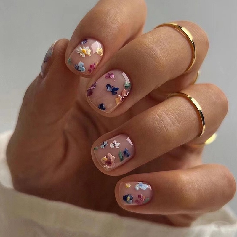 24pcs Bloom Pink Flowers Ins Lovely Girls Press on Nails, Short Square Shape