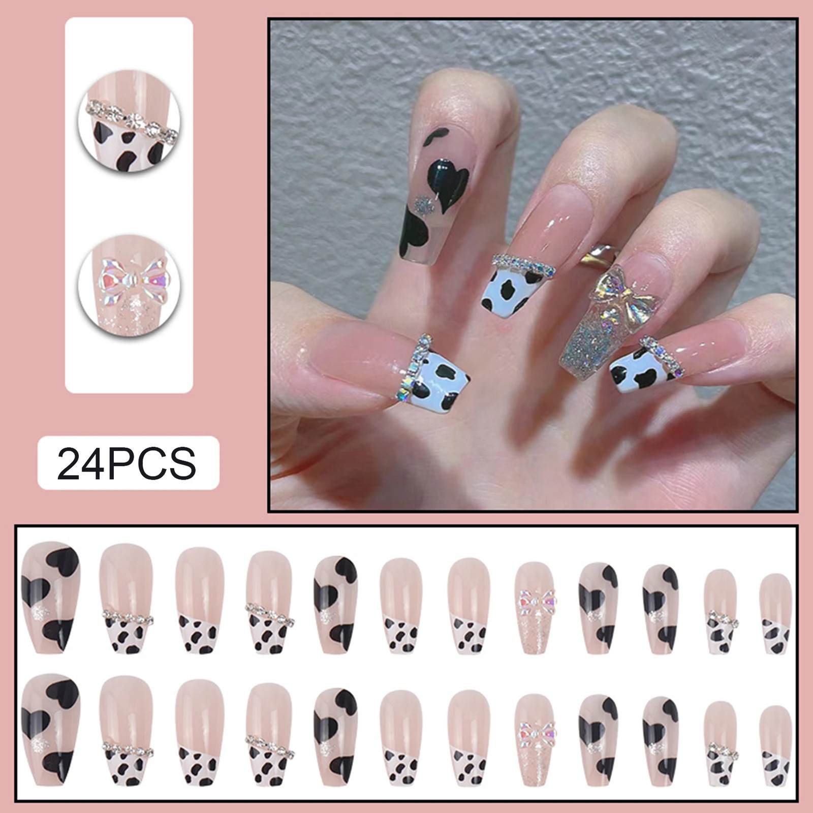 24Pcs Black Heart Cow Pattern Bow Korean Style Press On Nails