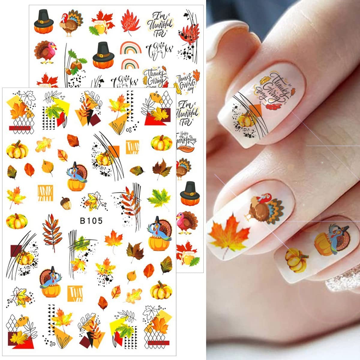 12 Sheets Fall Nail Art Stickers 3D Autumn Leaves Nail Decals Self-Adhesive T…