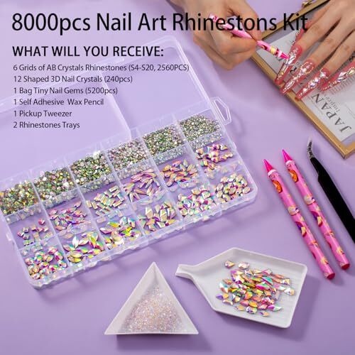 8000pcs Nail Gems and Rhinestones for Nails Art, 240 Shaped Glass AB Crystals