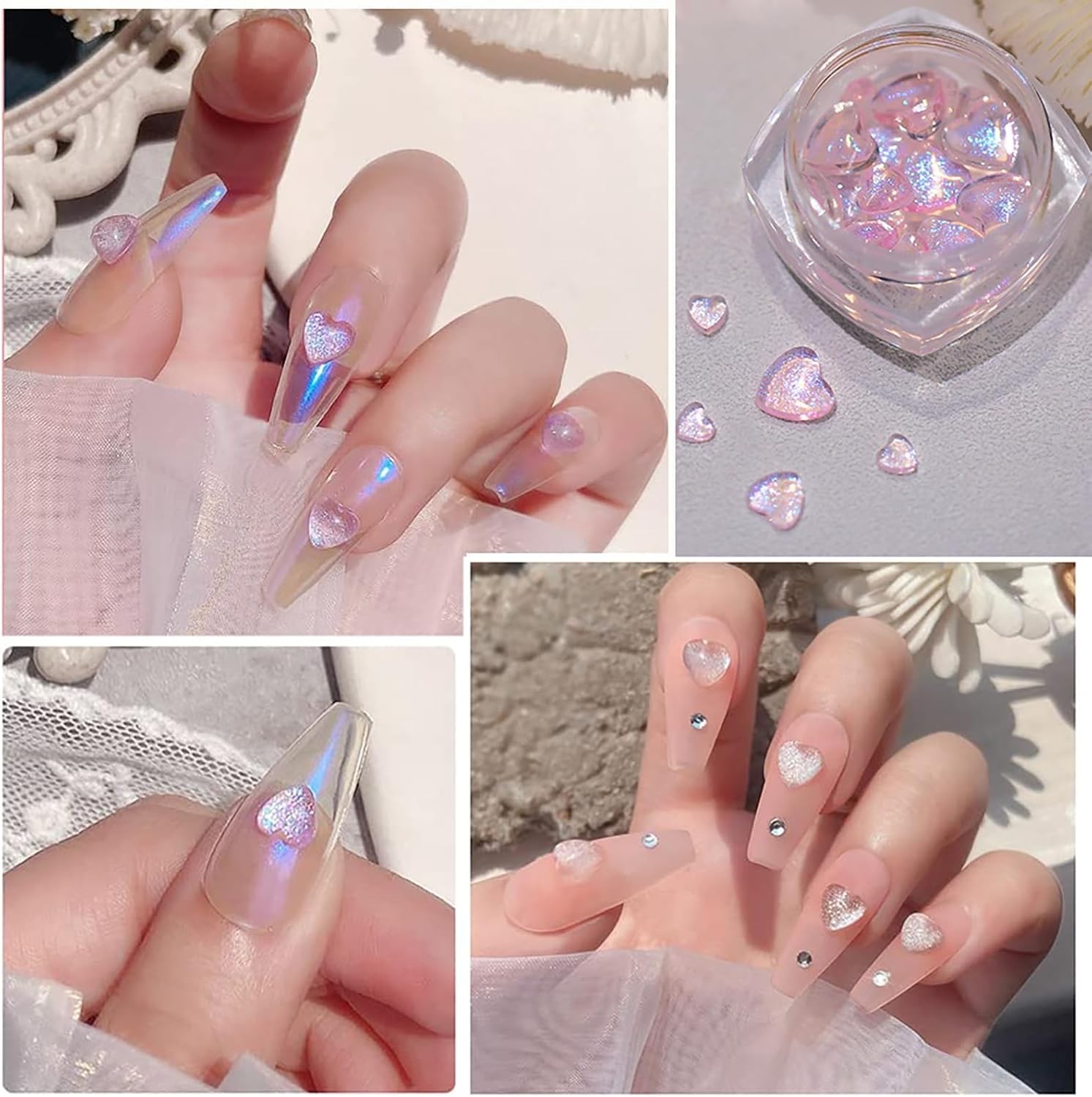 6 Jars Heart Nail Art Charms, 180Pcs Aurora Resin Rhinestones 3D
