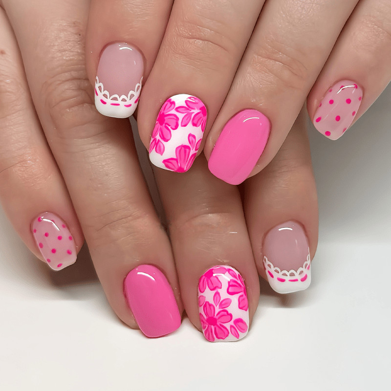 48pcs Short Square Press on Nails, Pink White Floral Lace Polka Dot Print Nails
