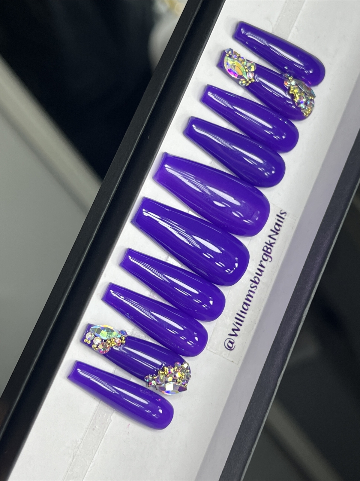 🍭CUSTOM Gel Press On False Nails, PURPLE W/ Bling ,Long Coffin 10p w kit NEW