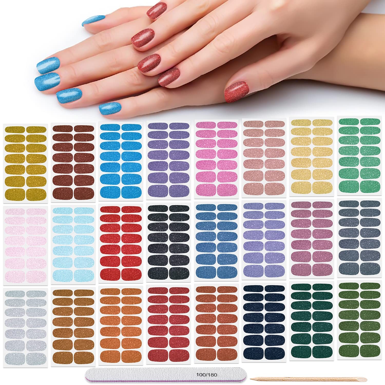24 Sheets Glitter Nail Polish Stickers Full Nail Wraps for Women Self Adhesiv…