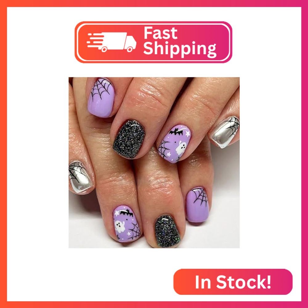 Halloween Press on Nails Short Square Fake Nails Purple Full Cover Spider Web Fa