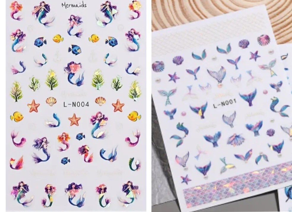 2 Sheets Mermaid Nails Transfer Images Nautical Sticker Sea Shell Beach Fake